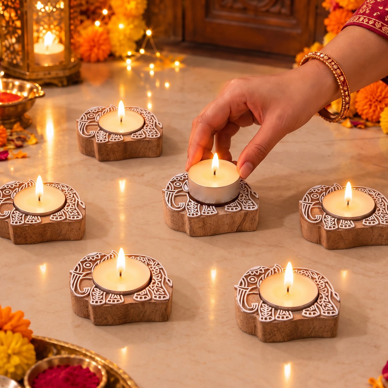 Ascension Pack of 8 Wooden Elephant Shaped Tea Light Candle Holder Handmade Wooden Block Print Tealight Candle Stand Decorative Items for Puja Gifting Indoor Outdoor Diwali Home & Office Decoration - Image 7