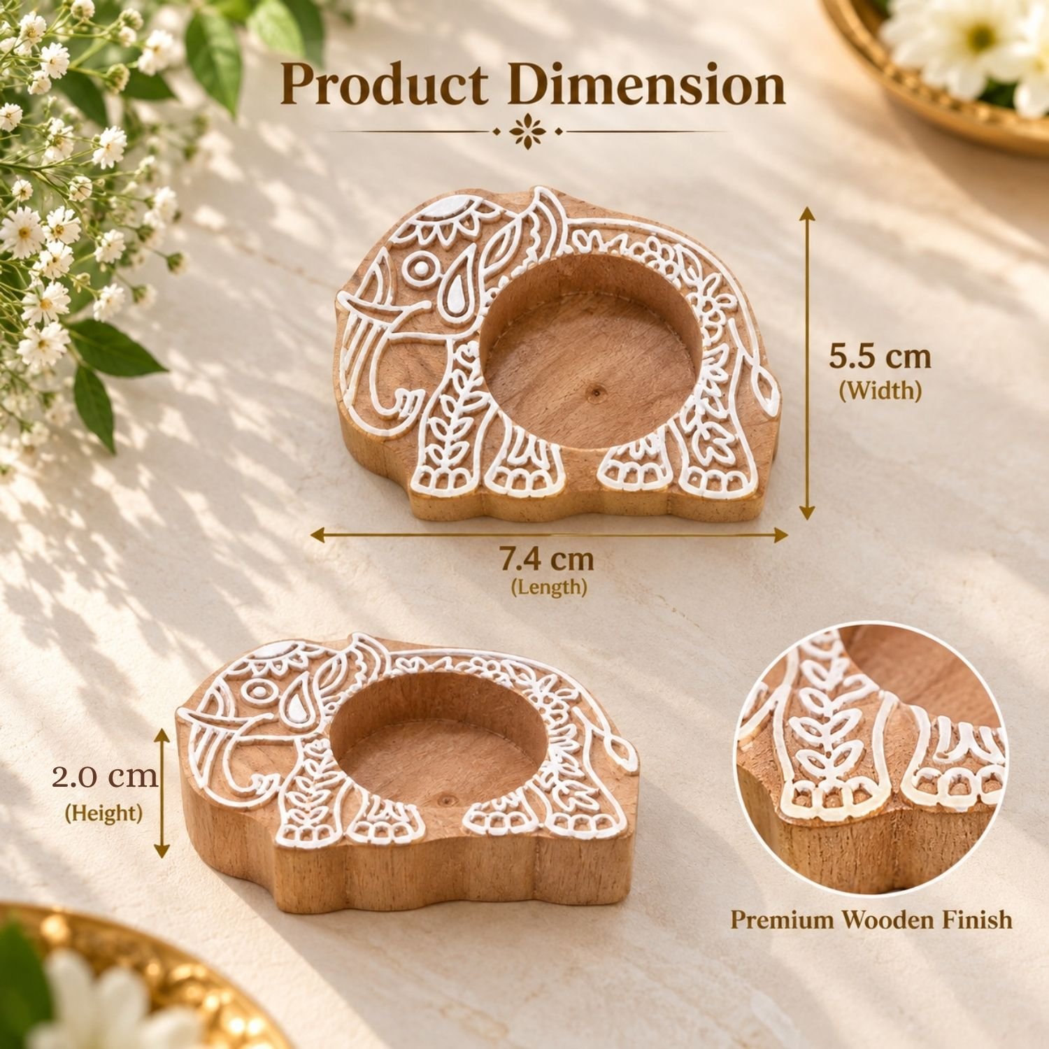 Ascension Pack of 8 Wooden Elephant Shaped Tea Light Candle Holder Handmade Wooden Block Print Tealight Candle Stand Decorative Items for Puja Gifting Indoor Outdoor Diwali Home & Office Decoration - Image 8