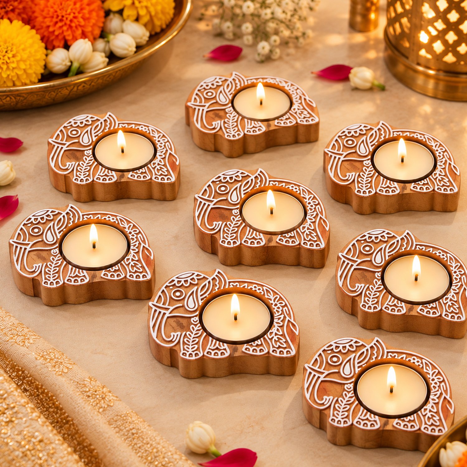 Handcrafted wooden Elephant Tealight base set of 8 with lit candles on a marble surface.
