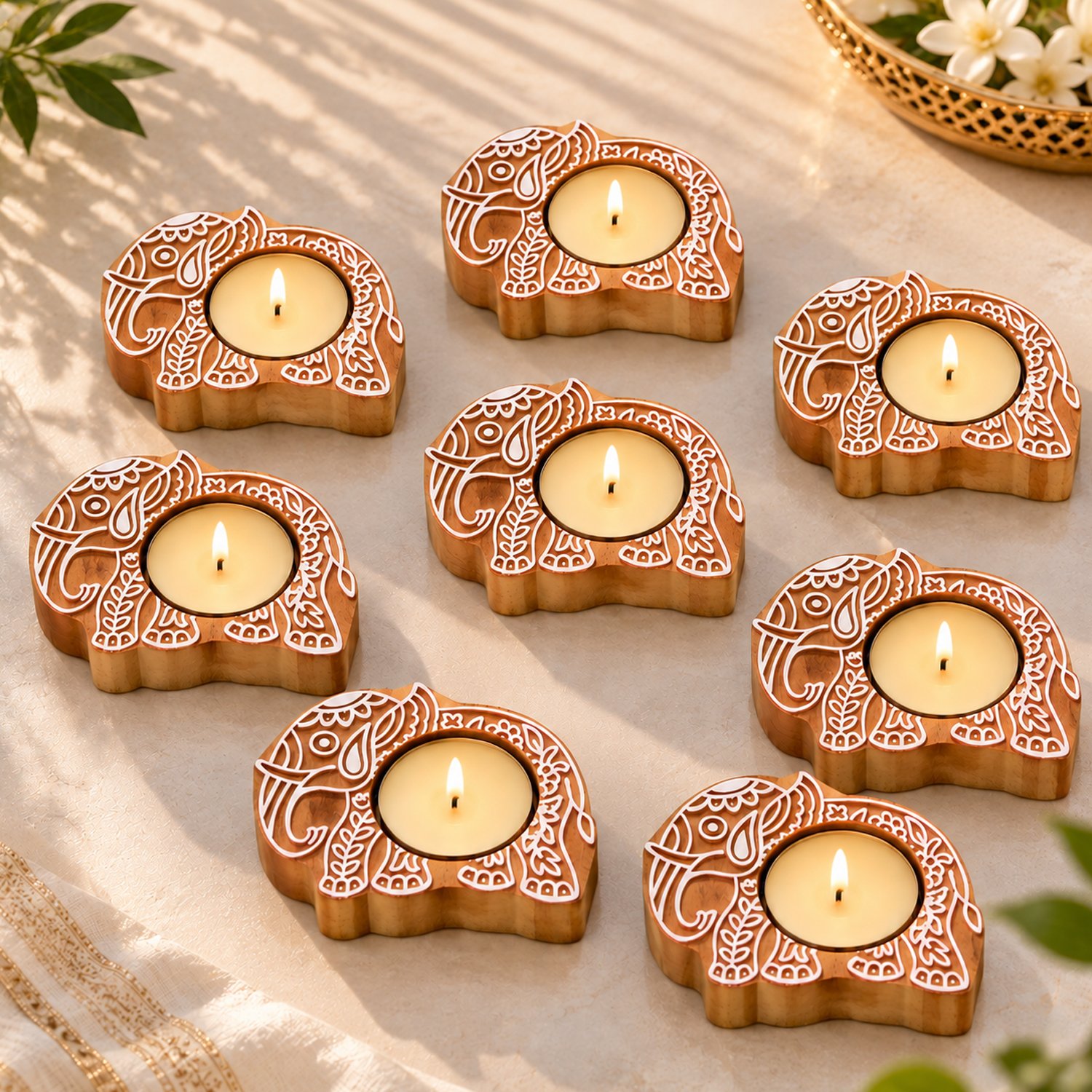 Ascension Pack of 8 Wooden Elephant Shaped Tea Light Candle Holder Handmade Wooden Block Print Tealight Candle Stand Decorative Items for Puja Gifting Indoor Outdoor Diwali Home & Office Decoration - Image 9