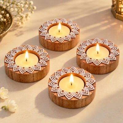 Handcrafted wooden Mandala Tealight base pack of 4 with lit candles on marble.