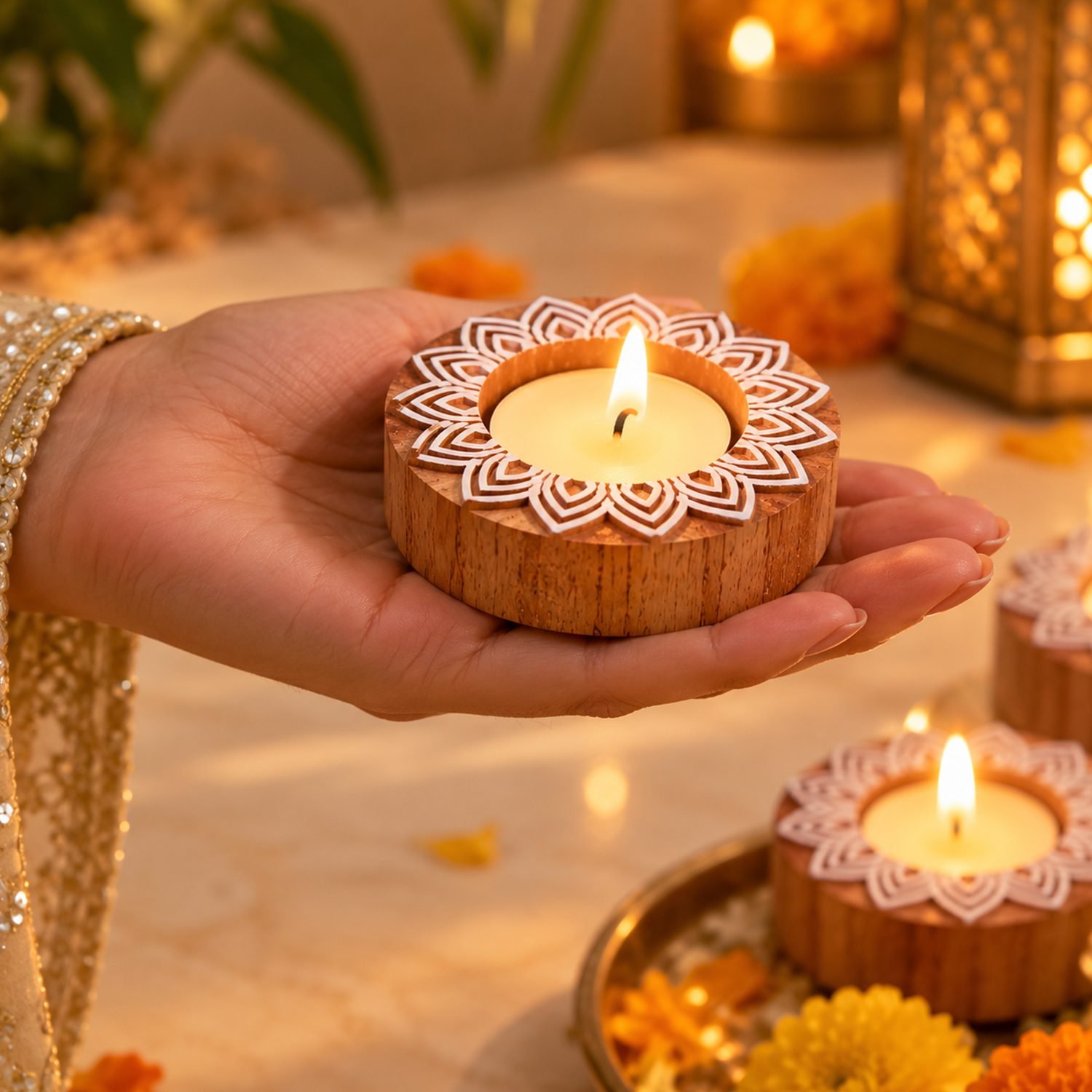 Ascension Pack of 4 Wooden Mandala Design Tea Light Candle Holder Handmade Wooden Block Print Tealight Candle Stand Decorative Items for Puja Gifting Indoor Outdoor Diwali Home & Office Decoration - Image 2