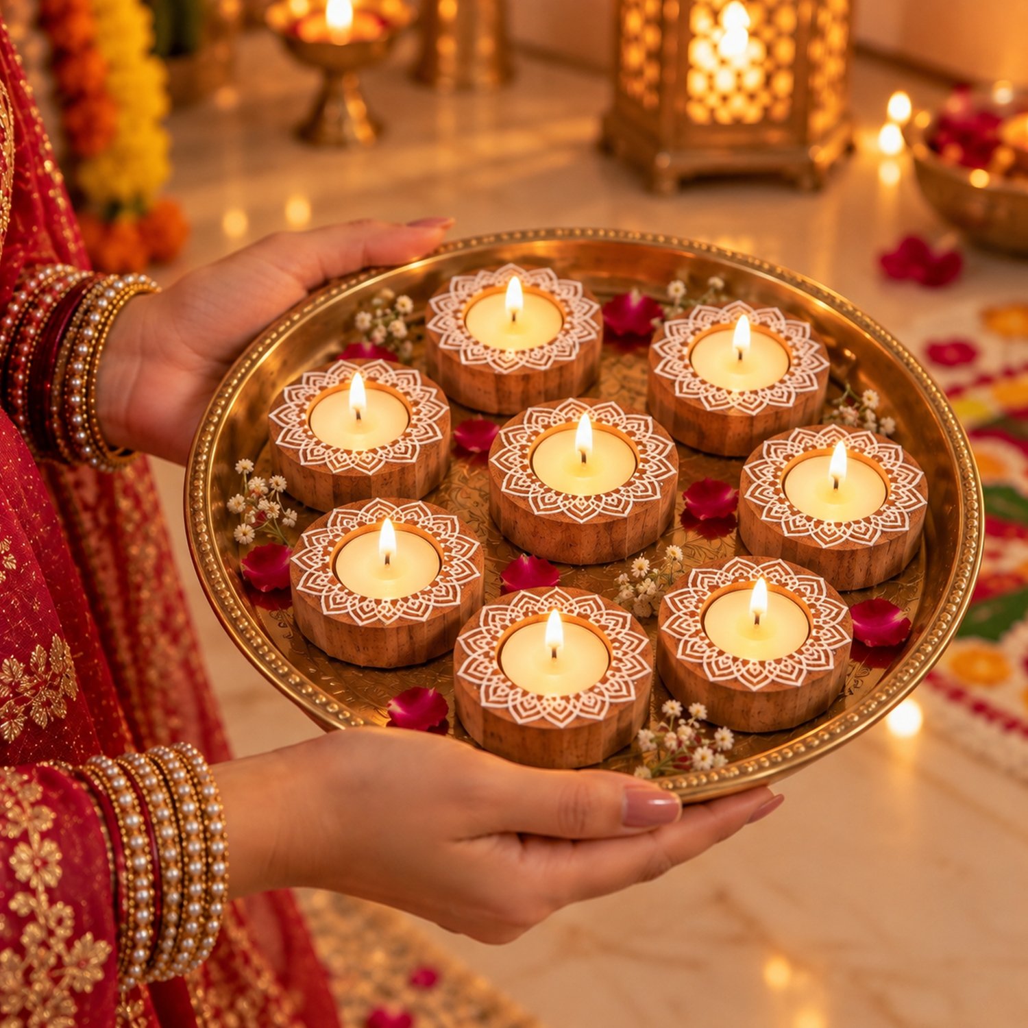 Ascension Pack of 4 Wooden Mandala Design Tea Light Candle Holder Handmade Wooden Block Print Tealight Candle Stand Decorative Items for Puja Gifting Indoor Outdoor Diwali Home & Office Decoration - Image 4