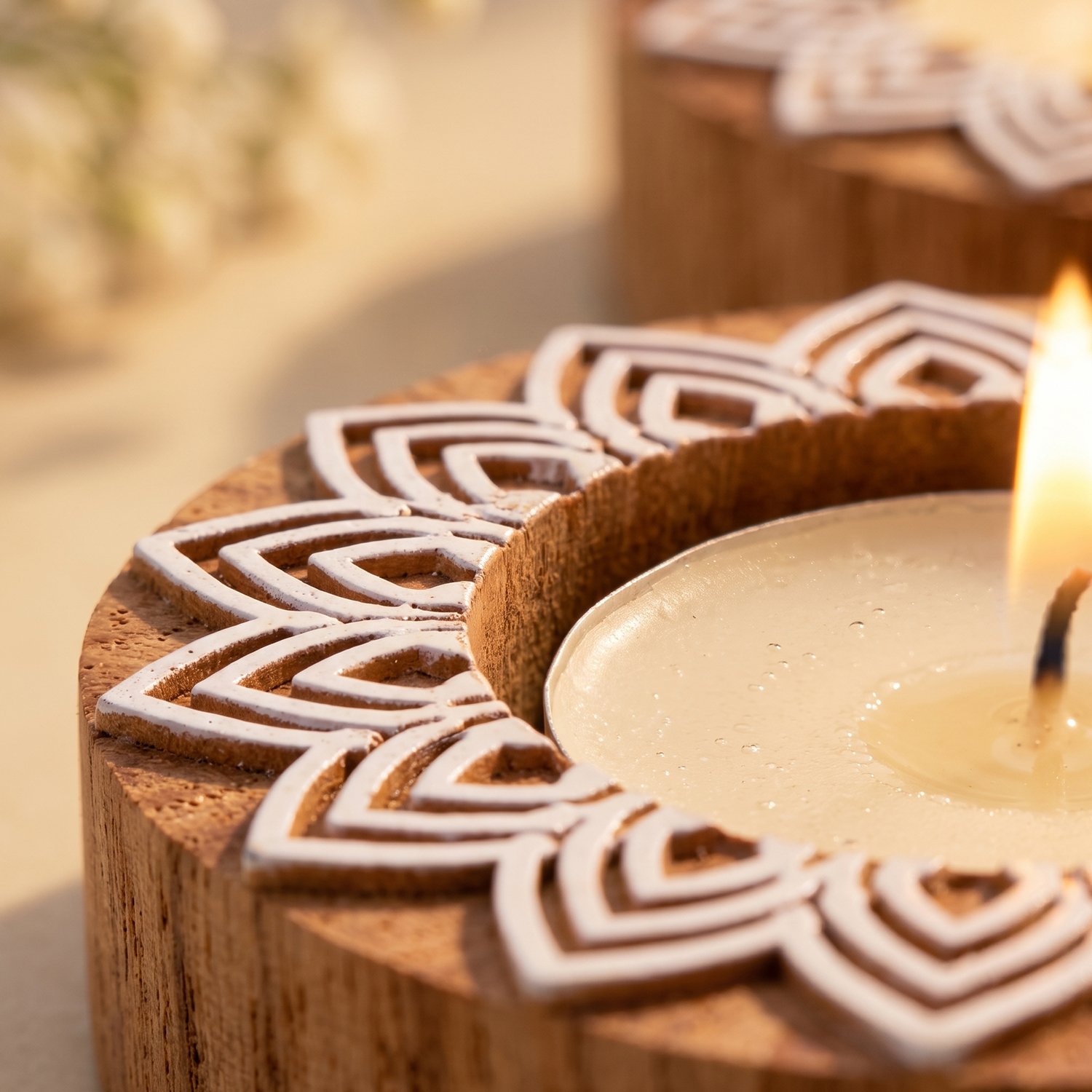 Ascension Pack of 4 Wooden Mandala Design Tea Light Candle Holder Handmade Wooden Block Print Tealight Candle Stand Decorative Items for Puja Gifting Indoor Outdoor Diwali Home & Office Decoration - Image 5