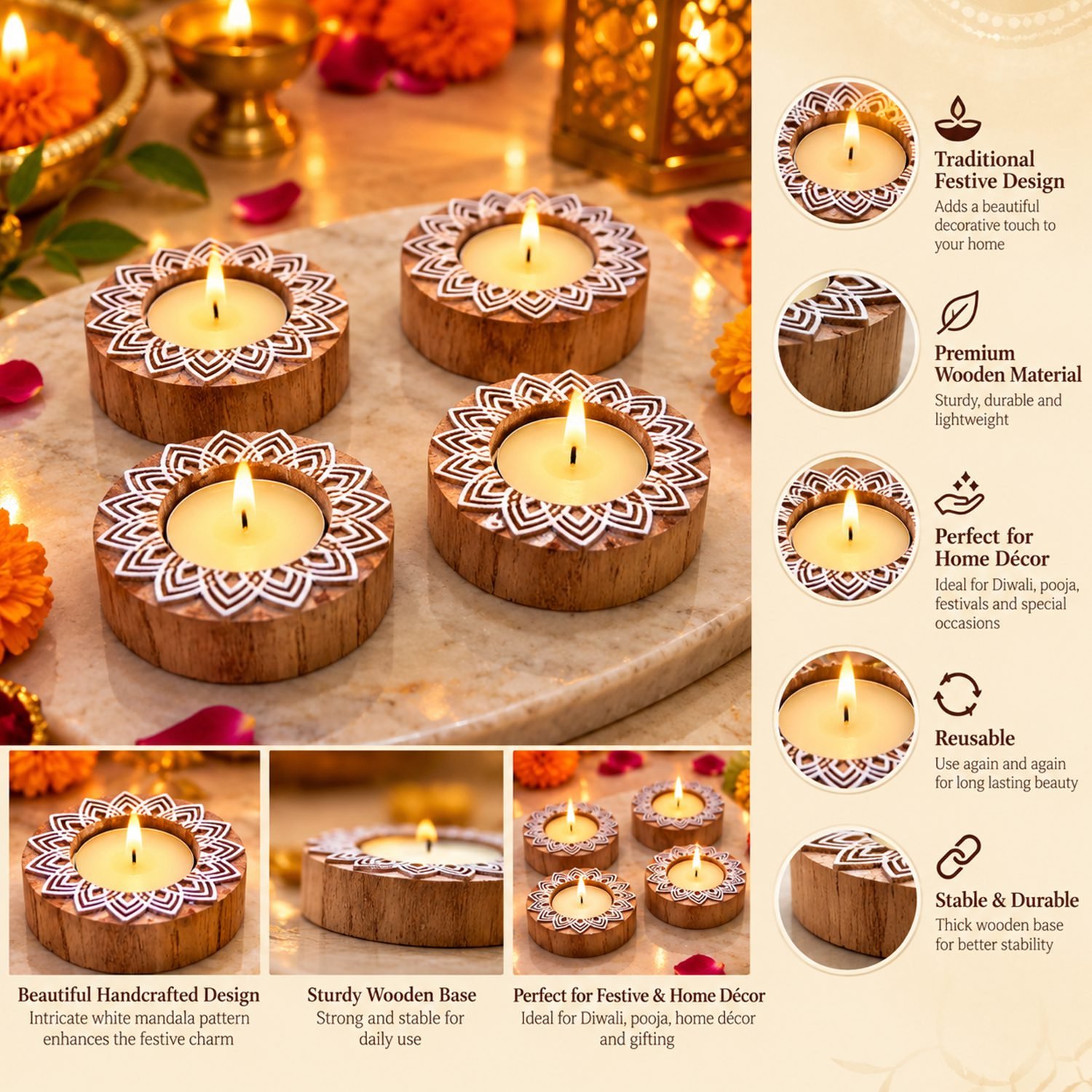 Ascension Pack of 4 Wooden Mandala Design Tea Light Candle Holder Handmade Wooden Block Print Tealight Candle Stand Decorative Items for Puja Gifting Indoor Outdoor Diwali Home & Office Decoration - Image 6