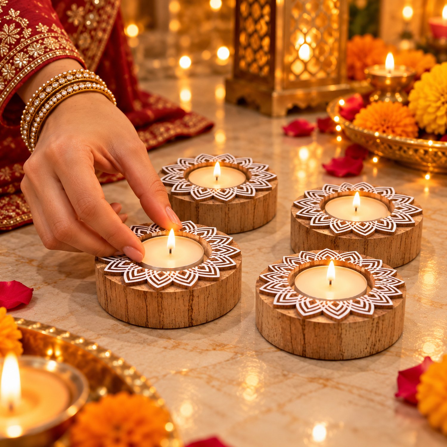 Ascension Pack of 4 Wooden Mandala Design Tea Light Candle Holder Handmade Wooden Block Print Tealight Candle Stand Decorative Items for Puja Gifting Indoor Outdoor Diwali Home & Office Decoration - Image 7