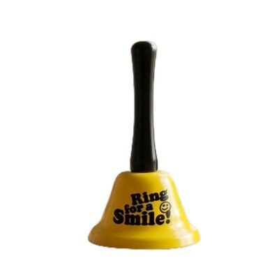 Bright yellow novelty hand bell with black handle printed with Ring for a Smile text and smiley face graphic