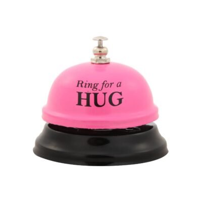 Pink and black desk call bell printed with Ring for a HUG text and a metallic chrome top plunger