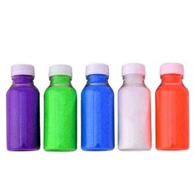 Ascension Rangoli Color Powder Bottles set of 5 showing purple, green, blue, white, and orange squeeze bottles.