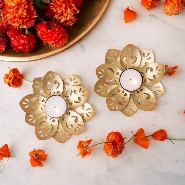Ascension Set of 2 Golden Lotus Floral Decorative Metal Diyas for Diwali Decor Tea Light Candle Holder for Diwali Decoration Beautiful Decor for Home Temple Festivel Gift for Housewarming - Image 2