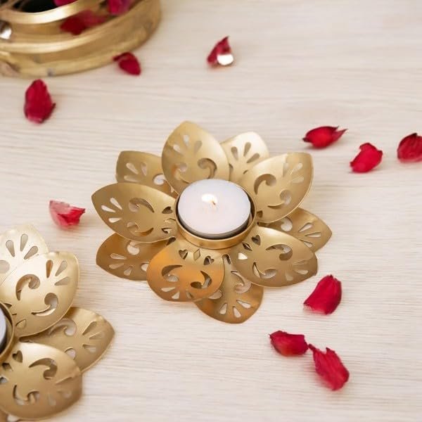 Ascension Set of 2 Golden Lotus Floral Decorative Metal Diyas for Diwali Decor Tea Light Candle Holder for Diwali Decoration Beautiful Decor for Home Temple Festivel Gift for Housewarming - Image 4