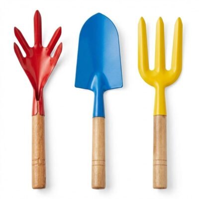 Ascension 3 piece garden hand tool set containing a red rake, blue trowel, and yellow fork with wooden handles.