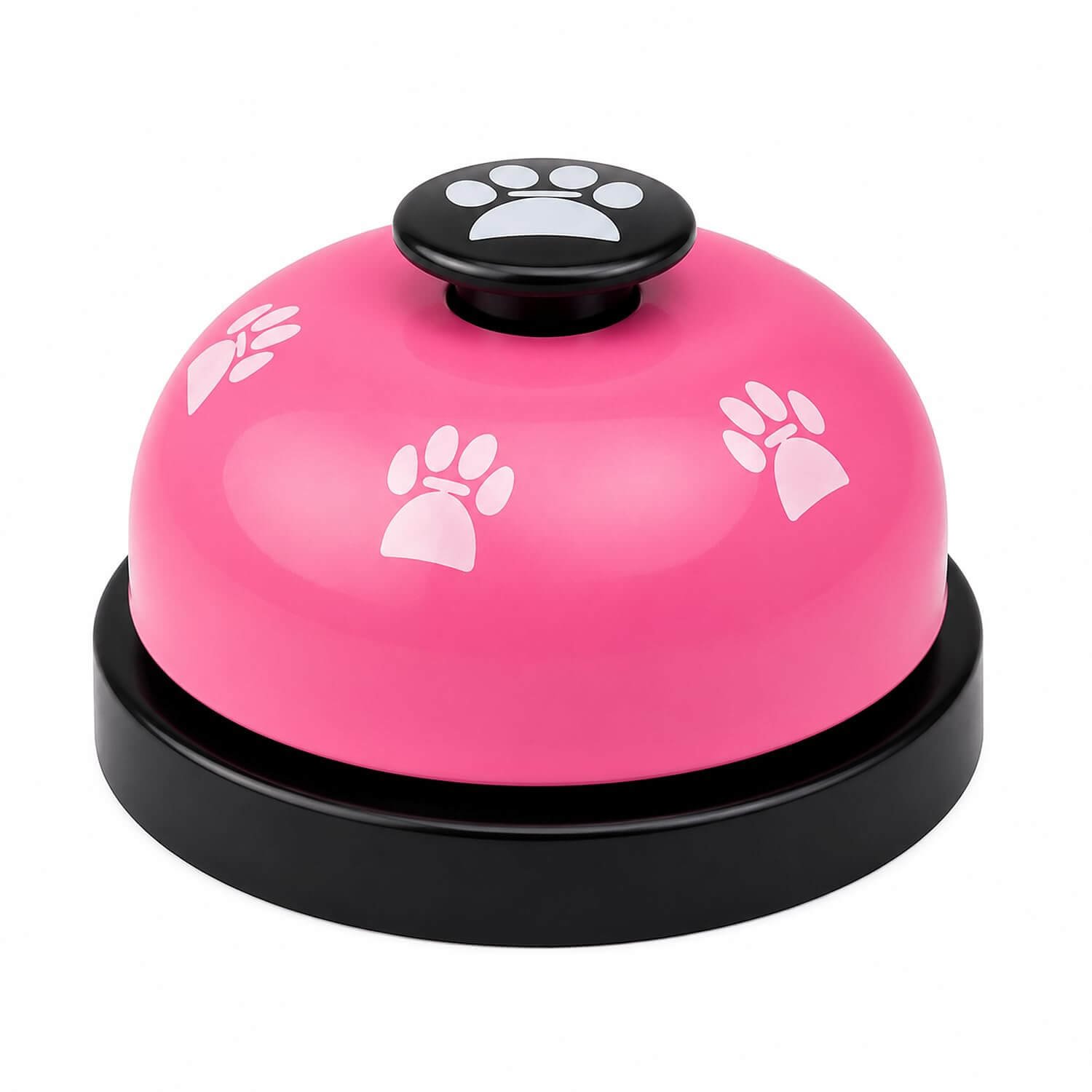 Pink dog training call bell with white paw prints on a black non-slip base.