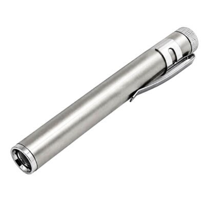 Ascension stainless steel medical penlight with integrated metal pocket clip for doctors and nurses.