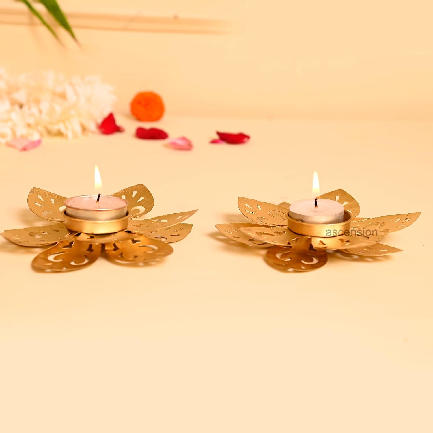Ascension Set of 2 Golden Lotus Floral Decorative Metal Diyas for Diwali Decor Tea Light Candle Holder for Diwali Decoration Beautiful Decor for Home Temple Festivel Gift for Housewarming - Image 3