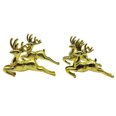 Two pairs of shiny gold leaping reindeer ornaments isolated on a white background.
