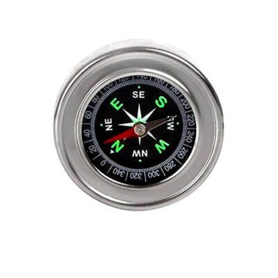 Ascension pocket directional compass in silver metallic casing with black dial and green markings.