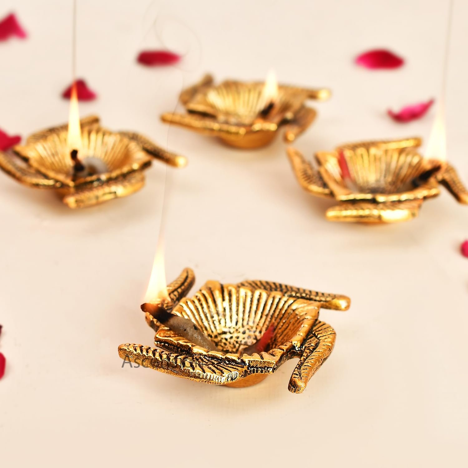 Ascension Handicraft Metal Swastik Shape Diya Oil Lamp Metal Diya for Home and Office Temple Decoration Antique Golden Finish Table Diya (Pack of 2) - Image 6