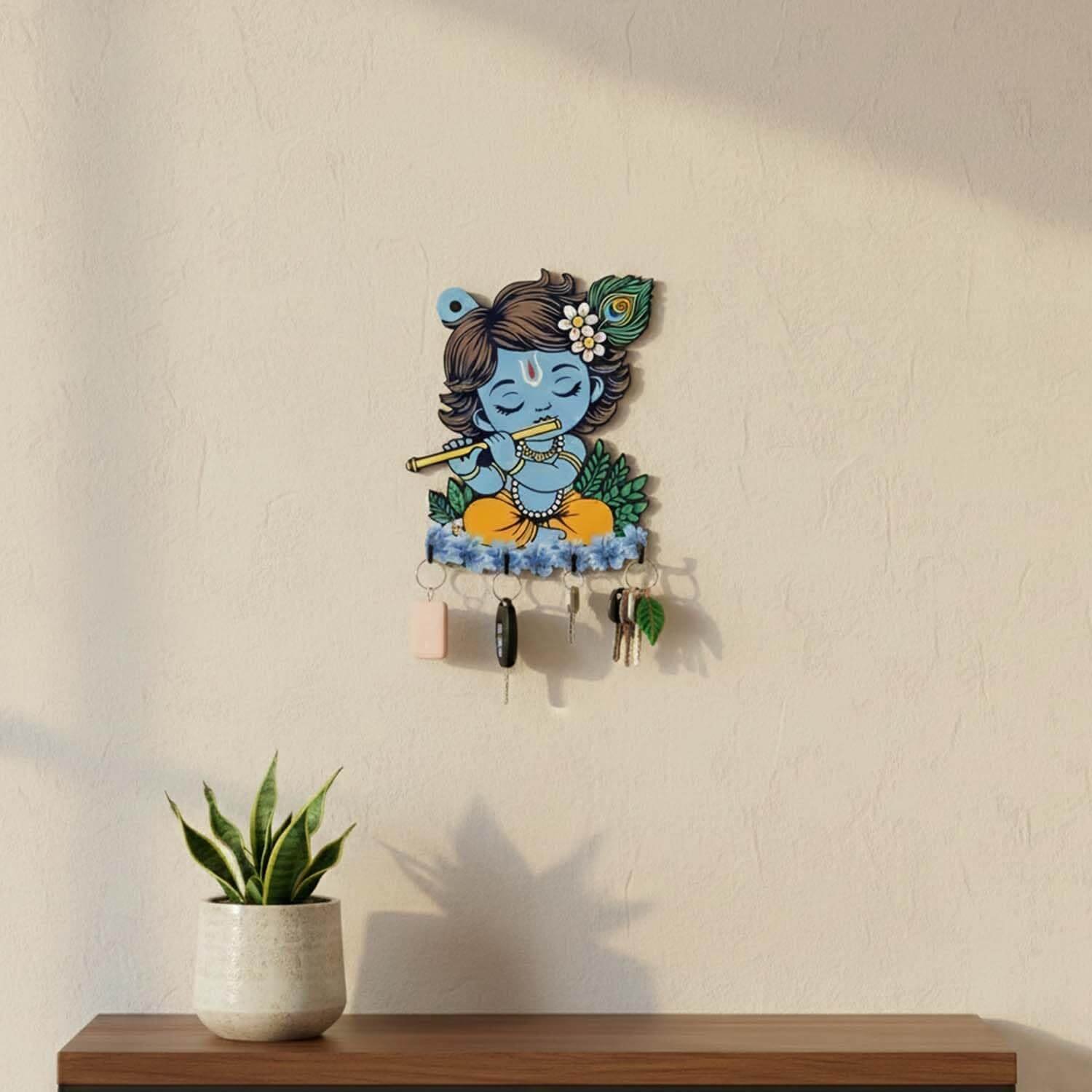 ascension Baby Krishna Wall Key Holder for Home Entrance Key Hanger Wall Mounted Decoration Handicraft Wooden Krishna Key Organizer with 7 Hooks Decorative Items for Home Décor Entryway Key Rack - Image 2