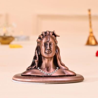 Copper finish Lord Adiyogi Shiva bust statue featuring shiny stone necklace on oval base