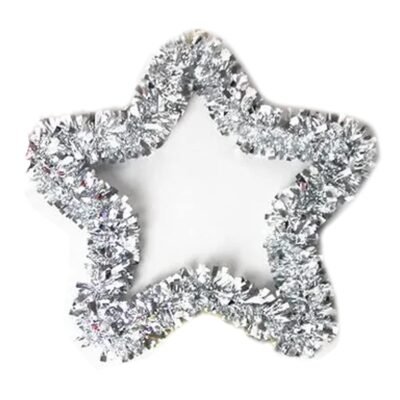 A hollow five-pointed star decoration made of thick, shiny silver tinsel resting against a white background.