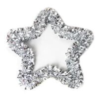 A hollow five-pointed star decoration made of thick, shiny silver tinsel resting against a white background.