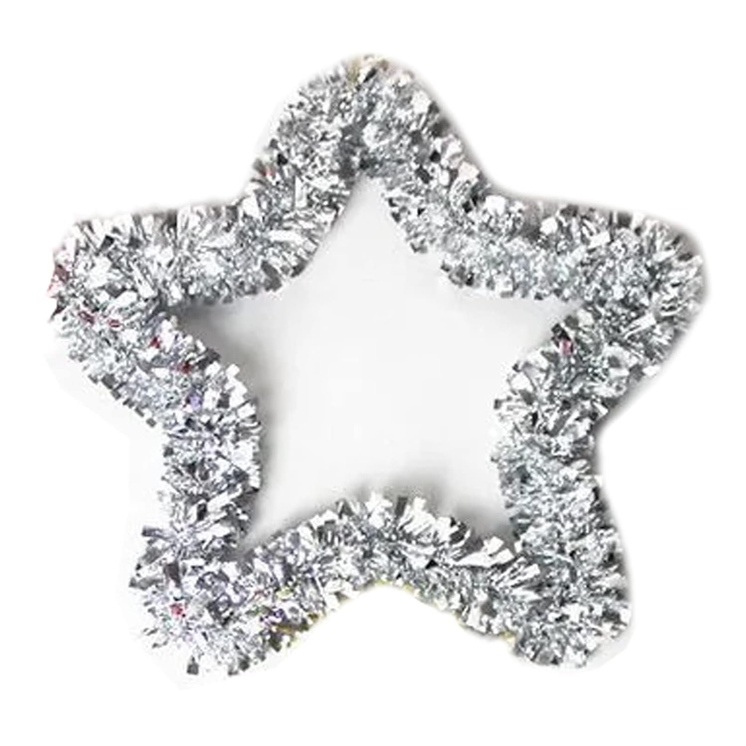 A hollow five-pointed star decoration made of thick, shiny silver tinsel resting against a white background.