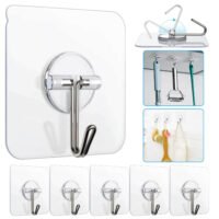 Adhesive Wall Hooks Set of 10 transparent self-adhesive square hooks with 180-degree rotating metal hooks shown in kitchen and bathroom settings.