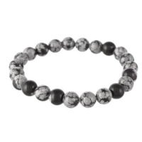 Snowflake obsidian beaded stretch bracelet with round black and mottled grey natural gemstone beads.