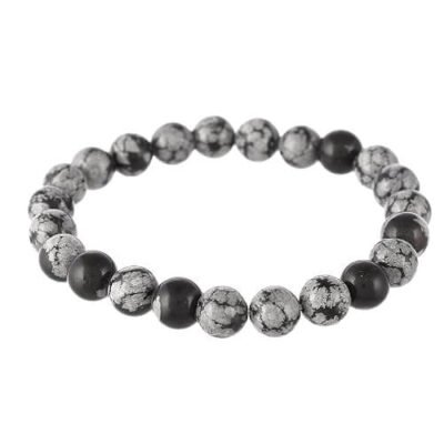 Snowflake obsidian beaded stretch bracelet with round black and mottled grey natural gemstone beads.