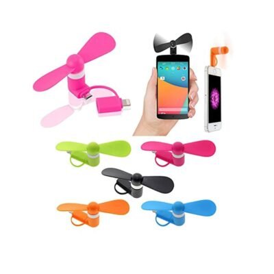 Ascension mini phone fan pack of 2 with 2-in-1 dual Micro USB and Lightning connectors shown in multiple colors.
