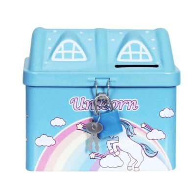 Light blue house-shaped Unicorn Metal Piggy Bank featuring a lock, keys, rainbow prints, and coin slot on a white background.