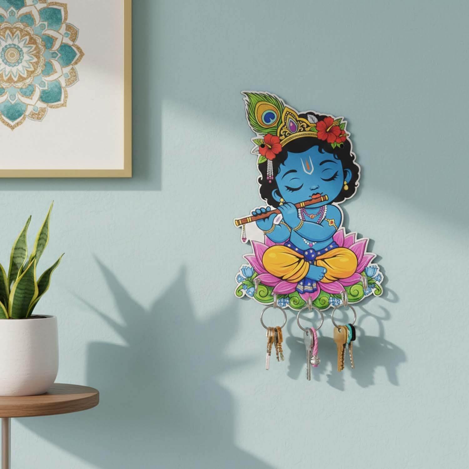 ascension Baby Krishna Wall Key Holder for Home Entrance Key Hanger Wall Mounted Decoration Handicraft Wooden Krishna Key Organizer with 5 Hooks Decorative Items for Home Décor Entryway Key Rack - Image 4