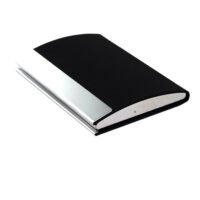 Ascension black leather business card holder wallet case with metallic silver accent trim.