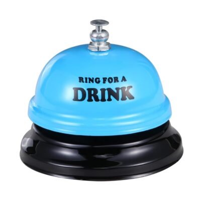 Bright blue and black desk call bell printed with RING FOR A DRINK text with a metallic chrome top plunger