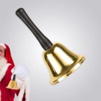 A shiny gold Santa hand bell with a black handle displayed next to a Santa Claus figure on a light gray background.