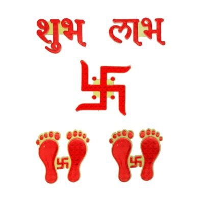 Ascension Shubh Labh door sticker set with red Swastik and Laxmi Charan footprints on white background.