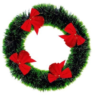 A shiny green tinsel Christmas wreath decorated with four red bows against a white background.
