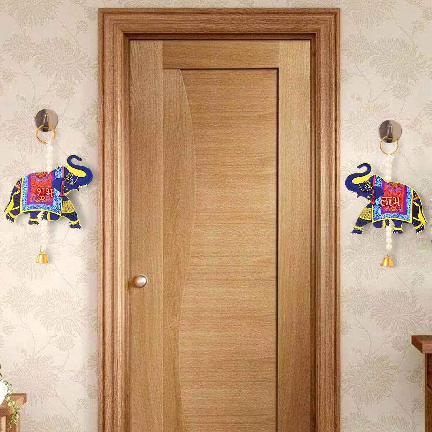 Ascension 1 Pair of Shubh Labh Elephant Wooden Door Side Hanging Enterance Door Decoration Gate Showpiece Hanging Door Hangings for Home mandir Navratri Diwali Decor (Design 2) - Image 3