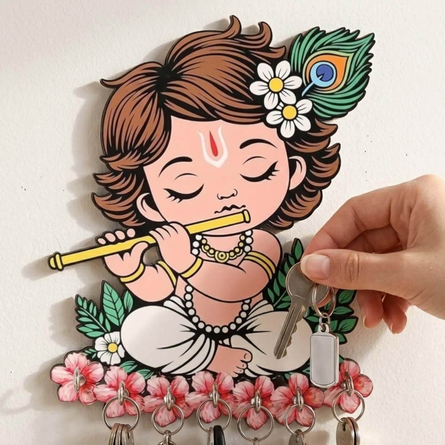 ascension Baby Krishna Wall Key Holder for Home Entrance Key Hanger Wall Mounted Decoration Handicraft Wooden Krishna Key Organizer with 7 Hooks Decorative Items for Home Décor Entryway Key Rack - Image 5