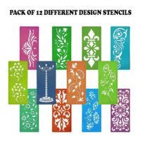 Ascension Rangoli Making Stencil Set featuring 12 assorted plastic design templates in vibrant colors.