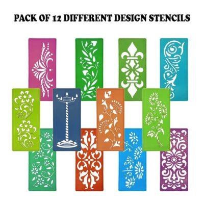 Ascension Rangoli Making Stencil Set featuring 12 assorted plastic design templates in vibrant colors.