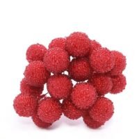 A cluster of round, textured artificial red berries on thin wire stems against a white background.