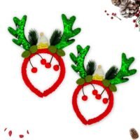 Two red Christmas headbands featuring green sequined reindeer antlers, dangling red berries, and a mini white knit hat on a white background.