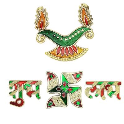 Ascension metallic Shubh Labh sticker set with red and green enamel Swastik and double diya emblem.