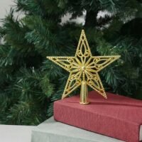 A shiny gold filigree star Christmas tree topper resting on a textured red book in front of a dark green pine tree.