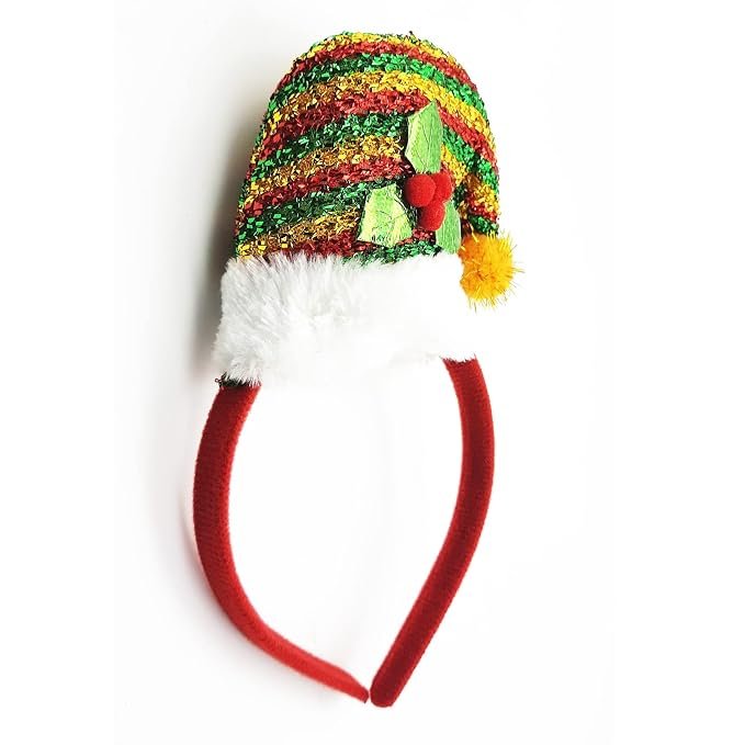 A red headband featuring a sparkly red, gold, and green striped miniature elf hat with white fur trim and holly decorations.