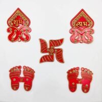 Ascension red acrylic Shubh Labh sticker set with golden stone studs including Swastik and Laxmi Charan footprints.