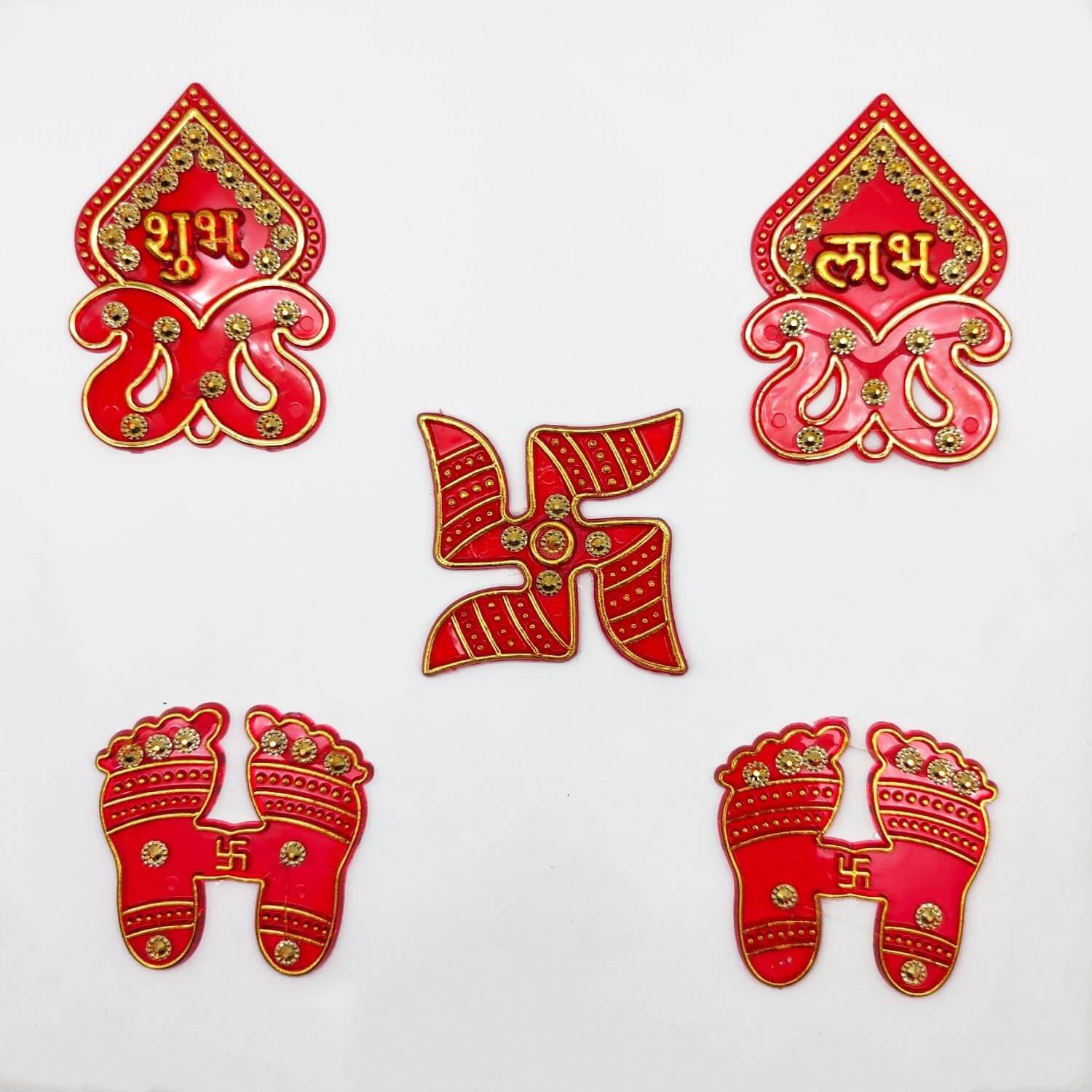 Ascension red acrylic Shubh Labh sticker set with golden stone studs including Swastik and Laxmi Charan footprints.