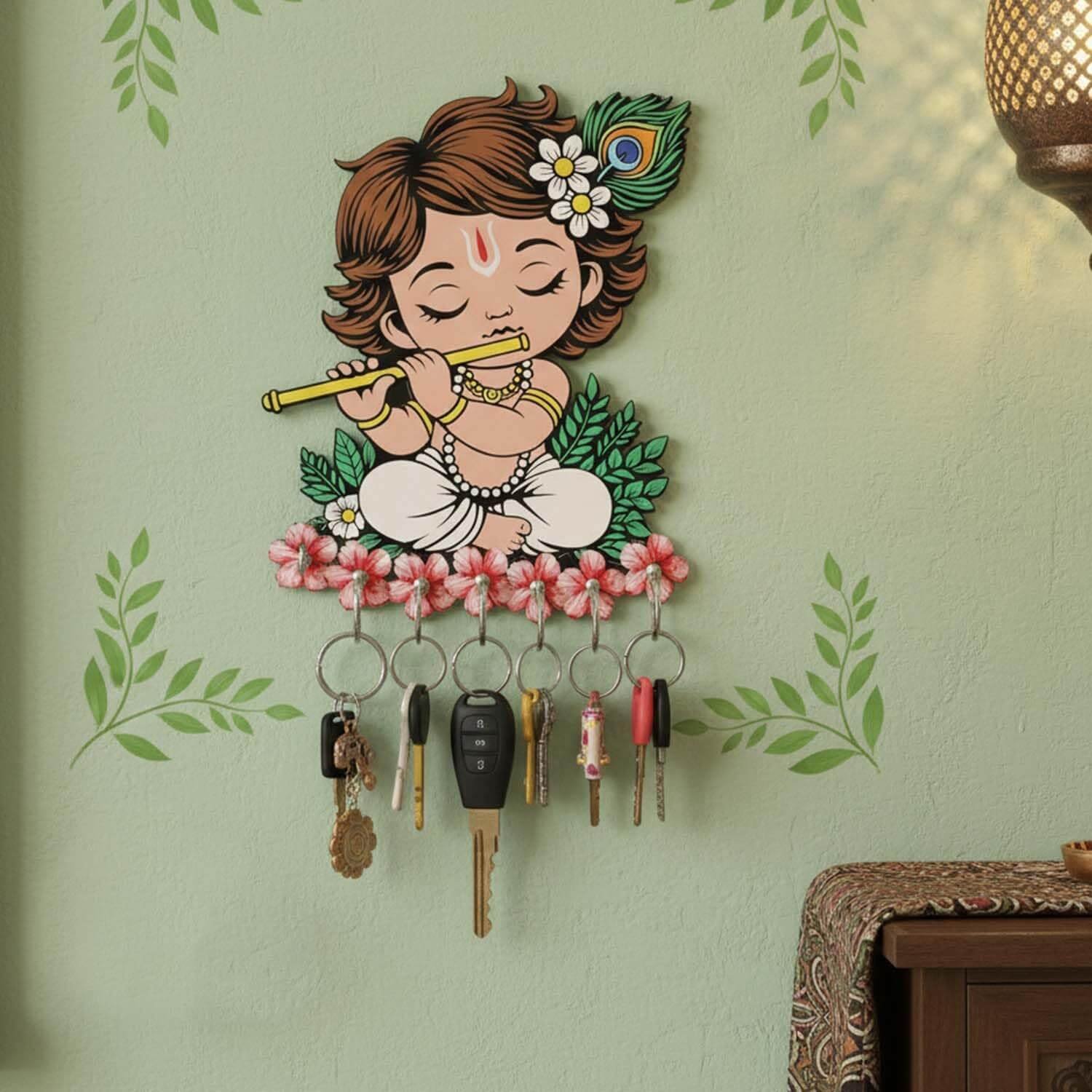 ascension Baby Krishna Wall Key Holder for Home Entrance Key Hanger Wall Mounted Decoration Handicraft Wooden Krishna Key Organizer with 7 Hooks Decorative Items for Home Décor Entryway Key Rack - Image 4